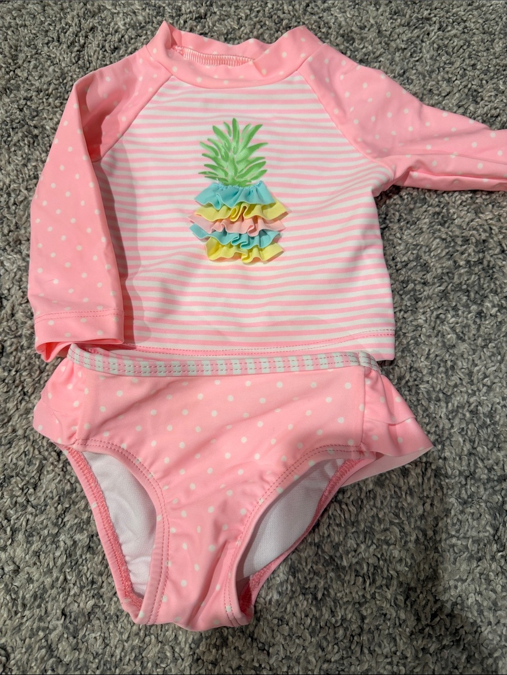 Little Me Pink Polka Dot Girls 2 piece Swimsuit-long sleeve rashgard top (3-6m)